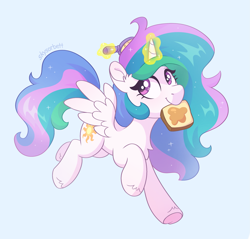 Size: 2141x2051 | Tagged: safe, artist:skysorbett, princess celestia, alicorn, pony, g4, bread, brush, cute, cutelestia, ethereal mane, ethereal tail, female, food, glowing, glowing horn, hairbrush, high res, horn, levitation, looking back, magic, magic aura, mare, mouth hold, running, schoolgirl toast, smiling, solo, sparkles, spread wings, tail, telekinesis, toast, wings, young celestia