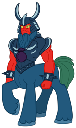 Size: 2644x4432 | Tagged: safe, artist:mlgtrap, tirac, centaur, ponytaur, taur, g1, g4, armor, evil, fangs, g1 to g4, generation leap, green tail, male, rainbow of darkness, redesign, shackles, simple background, solo, tail, transparent background, yellow eyes