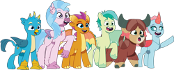 Size: 3475x1410 | Tagged: safe, artist:prixy05, gallus, ocellus, sandbar, silverstream, smolder, yona, changedling, changeling, dragon, earth pony, griffon, hippogriff, pony, yak, g4, g5, my little pony: tell your tale, female, g4 to g5, generation leap, group, male, simple background, stallion, student six, transparent background, vector