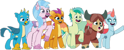 Size: 3475x1410 | Tagged: safe, artist:prixy05, gallus, ocellus, sandbar, silverstream, smolder, yona, changedling, changeling, classical hippogriff, dragon, earth pony, griffon, hippogriff, pony, yak, g4, g5, my little pony: tell your tale, cutie mark on changeling, cutie mark on griffon, cutie mark on hippogriff, female, g4 to g5, generation leap, group, male, simple background, stallion, student six, transparent background, vector