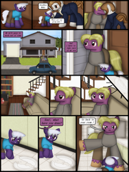 Size: 1750x2333 | Tagged: safe, artist:99999999000, oc, oc only, oc:firearm king, oc:holly stone, oc:wilson cotes, earth pony, pony, comic:grow with children, car, colt, comic, father, female, foal, house, male, mother
