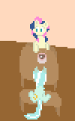 Size: 800x1280 | Tagged: safe, artist:hoofless, bon bon, lyra heartstrings, sweetie drops, earth pony, pony, unicorn, g4, chocolate, duo, fanfic art, female, food, hot chocolate, lesbian, marshmallow, missing horn, pixel art, ship:lyrabon, shipping