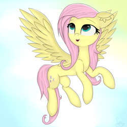 Size: 1500x1500 | Tagged: safe, artist:skylairo, derpibooru exclusive, fluttershy, pegasus, pony, g4, cute, ear fluff, female, flying, hair, mare, shyabetes, smiling, solo, tail, watermark, wings