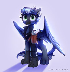 Size: 2800x2840 | Tagged: safe, artist:opal_radiance, oc, griffon, blue, clothes, griffon oc, gun, high res, jacket, solo, vgen, weapon