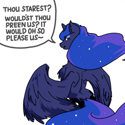 Size: 3508x3508 | Tagged: safe, artist:ponny, princess luna, alicorn, pony, g4, colored, fluffy, high res, looking at you, looking back, looking back at you, rear view, simple background, solo, speech bubble, talking to viewer, text, white background, wings