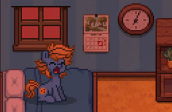 Size: 1275x837 | Tagged: safe, oc, oc only, oc:blue cookie, earth pony, pony, pony town, bed, calendar, clock, earth pony oc, eyes closed, open mouth, photo, pixel art, solo, window, yawn