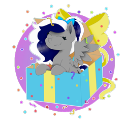 Size: 1600x1600 | Tagged: safe, artist:kathepart, oc, oc only, oc:sofia reds, pegasus, pony, :3, birthday, eyes closed, female, hair bun, happy, pony present, present, simple background, solo, spread wings, transparent background, wings