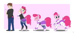 Size: 2862x1287 | Tagged: safe, artist:redpaladin, fili-second, pinkie pie, earth pony, human, pony, g4, balloonbutt, butt, clothes, dock, eyes closed, female, frog (hoof), grin, gritted teeth, human male, human to pony, looking back, male, male to female, mare, open mouth, power ponies, smiling, standing on two hooves, tail, teeth, transformation, transformation sequence, transforming clothes, transgender transformation, underhoof