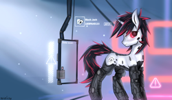 Size: 2400x1400 | Tagged: safe, artist:weiling, oc, oc only, oc:blackjack, cyborg, cyborg pony, pony, unicorn, fallout equestria, fallout equestria: project horizons, concave belly, cybernetic eyes, cybernetic legs, fanfic art, female, level 2 (project horizons), looking at you, mare, quadrupedal, red and black mane, slender, solo, standing, sternocleidomastoid, thin, turned head