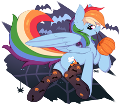 Size: 1383x1228 | Tagged: safe, artist:omi, rainbow dash, pegasus, pony, g4, butt, clothes, female, halloween, holiday, mare, plot, pumpkin, pumpkin bucket, socks, solo, stockings, thigh highs, wings