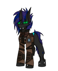 Size: 2486x3052 | Tagged: safe, artist:ashel_aras, oc, oc only, oc:ashel, changeling, 2024 community collab, derpibooru community collaboration, armor, changeling oc, clothes, high res, horn, jacket, looking at you, mercenary, simple background, solo, transparent background