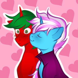 Size: 1333x1335 | Tagged: safe, artist:vatutina, oc, oc only, oc:blue eye beats, oc:cayenne pepper, pony, unicorn, cheek kiss, cute, duo, horn, kissing, shipping, unicorn oc