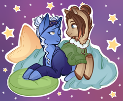 Size: 2587x2123 | Tagged: safe, artist:vatutina, oc, oc only, oc:moon luck, oc:sorbet, pony, unicorn, blanket, cute, gradient background, high res, horn, hybrid oc, looking at each other, looking at someone, loving gaze, lying down, pillow, unicorn oc