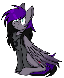 Size: 853x1024 | Tagged: safe, artist:revenge.cats, oc, oc only, oc:drizzling dasher, pegasus, pony, 2024 community collab, derpibooru community collaboration, clothes, emo, hoodie, looking at you, scar, simple background, sitting, solo, transparent background, wings