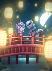 Size: 2092x2848 | Tagged: safe, artist:witchtaunter, oc, oc only, oc:iron feather, oc:lotus cinder, kirin, pegasus, pony, fanfic:words of power, blushing, bridge, clothes, commission, cute, duo, fanfic art, high res, kimono (clothing), kirin oc, lantern, looking at each other, looking at someone, male, moon, night, outdoors, paper lantern, romantic, stallion, stars, tree, water