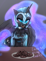 Size: 768x1024 | Tagged: safe, artist:taiweiart, nightmare moon, alicorn, anthro, g4, breasts, busty nightmare moon, cookie, eating, female, food, nom, offscreen character, solo, table, text