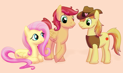 Size: 1991x1193 | Tagged: safe, alternate version, artist:karmadash, braeburn, fluttershy, oc, oc:spartanapple, earth pony, pegasus, pony, g4, clothes, commission, couple, crossed legs, female, hat, headcanon, lying down, male, mismatched eyes, offspring, parent:braeburn, parent:fluttershy, parents:braeshy, ship:braeshy, shipping, story in the comments, story included, straight, trio, vest