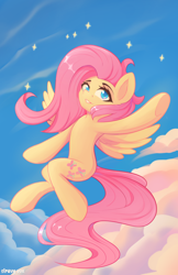 Size: 3248x5000 | Tagged: safe, artist:stravy_vox, fluttershy, pegasus, pony, g4, anatomically incorrect, belly, cloud, female, flying, incorrect leg anatomy, mare, sky, smiling, solo, sparkles
