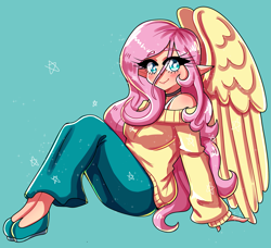Size: 2199x2007 | Tagged: safe, artist:mylittleyuri, fluttershy, human, g4, blue background, blushing, bra, bra strap, choker, clothes, cute, denim, elf ears, female, flats, high res, humanized, long skirt, shoes, shyabetes, simple background, sitting, skirt, solo, stupid sexy fluttershy, sweater, sweatershy, underwear, winged humanization, wings