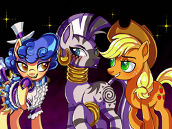 Size: 680x512 | Tagged: safe, artist:scarlattobrightstar, applejack, sapphire shores, zecora, earth pony, pony, zebra, g4, applejack's hat, blushing, bracelet, clothes, cowboy hat, cute, dress, ear piercing, earring, female, freckles, grin, hat, hoof shoes, jackabetes, jewelry, looking at each other, looking at someone, mare, neck rings, piercing, raised hoof, smiling, top hat, trio, zecorable