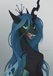 Size: 1175x1700 | Tagged: safe, artist:unamori, queen chrysalis, changeling, changeling queen, pony, g4, bust, fangs, female, gradient background, gray background, long mane, looking at you, mare, open mouth, portrait, sharp teeth, solo, teeth, thin