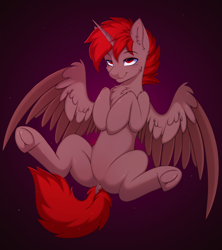 Size: 4000x4500 | Tagged: safe, artist:pesty_skillengton, oc, oc only, oc:hardy, alicorn, pony, absurd resolution, chest fluff, ear fluff, featureless crotch, hooves to the chest, looking at someone, lying down, male, on back, smiling, solo, spread legs, spread wings, spreading, stallion, underhoof, wing fluff, wings