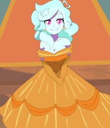 Size: 930x1080 | Tagged: safe, artist:aokushan, oc, oc only, oc:jemimasparkle, human, equestria girls, g4, bare shoulders, belle, big smile, breasts, clothes, dress, evening gloves, female, gloves, gown, humanized, long gloves, princess costume, smiling, solo