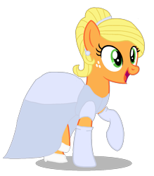 Size: 1047x1197 | Tagged: safe, artist:mlp-headstrong, applejack, earth pony, pony, g4, alternate hairstyle, applejack also dresses in style, applerella, cinderella, clothes, dress, evening gloves, female, freckles, glass slipper (footwear), glass slippers, gloves, gown, long gloves, mare, open mouth, open smile, request, simple background, smiling, solo, transparent background