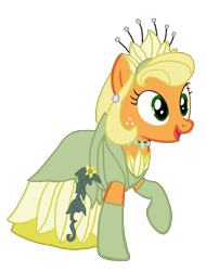 Size: 812x1067 | Tagged: safe, artist:mlp-headstrong, applejack, earth pony, pony, g4, alternate hairstyle, applejack also dresses in style, clothes, dress, evening gloves, female, freckles, gloves, gown, jewelry, long gloves, mare, necklace, open mouth, open smile, simple background, smiling, solo, the princess and the frog, tiana, tiara, transparent background