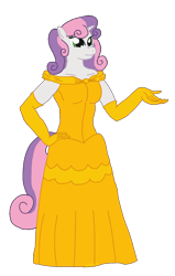 Size: 1054x1653 | Tagged: safe, artist:mlp-headstrong, sweetie belle, unicorn, anthro, g4, alternate hairstyle, belle, breasts, clothes, dress, evening gloves, female, filly, foal, gloves, gown, long gloves, namesake, pun, request, simple background, smiling, solo, transparent background, visual pun