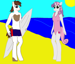 Size: 1226x1050 | Tagged: safe, artist:mlp-headstrong, pipsqueak, sweetie belle, earth pony, pony, anthro, g4, beach, clothes, colt, duo, female, filly, foal, male, ocean, ship:sweetiesqueak, shipping, smiling, straight, sun, surfboard, swimming trunks, swimsuit, water