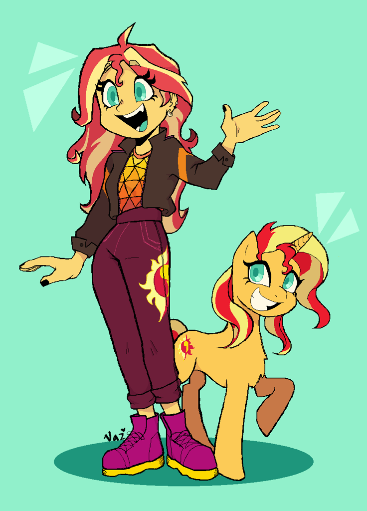 [chest fluff,clothes,equestria girls,g4,human,open mouth,piercing,pony,raised hoof,safe,simple background,solo,standing,unicorn,waving,sunset shimmer,ear piercing,smiling,green background,artist:vazaez]