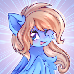 Size: 2500x2500 | Tagged: safe, artist:stesha, oc, oc only, oc:lusty symphony, pegasus, pony, ;p, bust, cheek fluff, chest fluff, commission, cute, ear fluff, female, high res, mare, ocbetes, one eye closed, pegasus oc, pony oc, simple background, solo, tongue out, wings, wink