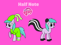 Size: 1777x1300 | Tagged: safe, artist:maggiethenuggetpony68, aura (g4), earth pony, pony, skunk, g4, animal costume, aurabetes, clothes, colored, costume, cute, dress, female, halloween, halloween costume, hat, hennin, holiday, logo, mare, my little pony logo, older, older aura (g4), pink background, pink text, princess, princess costume, shoes, simple background, skunk costume, text