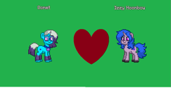 Size: 761x390 | Tagged: safe, comet (g5), izzy moonbow, auroricorn, pony, unicorn, pony town, g5, blue mane, blue tail, female, glasses, green background, heart, horn, jewelry, male, mare, necklace, ponytail, ship:combow, shipping, simple background, stallion, straight, tail