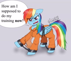Size: 3500x3000 | Tagged: safe, artist:bobby_dogthing, rainbow dash, pegasus, pony, g4, ankle chain, bondage, bound wings, chained, chains, clothes, commissioner:rainbowdash69, cuffed, cuffs, first world problems, high res, jumpsuit, never doubt rainbowdash69's involvement, prison outfit, prisoner rd, shackles, solo, wings