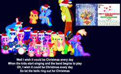 Size: 1860x1140 | Tagged: safe, edit, edited screencap, editor:incredibubbleirishguy, screencap, apple bloom, applejack, discord, fluttershy, pinkie pie, princess cadance, princess celestia, princess flurry heart, princess luna, rainbow dash, rarity, scootaloo, shining armor, spike, starlight glimmer, sweetie belle, trixie, twilight sparkle, alicorn, draconequus, dragon, pony, g4, to where and back again, acoustic guitar, alicorn pentarchy, bass guitar, camera, candy, candy cane, christmas, christmas lights, cutie mark crusaders, dark background, drums, female, filly, final adjustment, foal, food, glow in the dark, guitar, hat, holiday, i wish it could be christmas everyday, lyrics, male, mane seven, mane six, mare, merge, musical instrument, present, royal sisters, santa hat, siblings, simple background, sisters, stallion, text, tweenies, twilight sparkle (alicorn), winged spike, wings, wizzard
