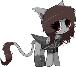 Size: 1064x940 | Tagged: safe, artist:cactuscruncher, derpibooru exclusive, half-sphinx, hybrid, pony, sphinx, blank expression, brown hair, brown mane, chest fluff, clothes, colored belly, colored wings, colored wingtips, ear fluff, emo, feather, folded wings, gray coat, looking at you, male, messy mane, noah sebastian, paws, ponified, red eyes, sharp teeth, shirt, simple background, slit pupils, solo, striped shirt, teeth, transparent background, wings