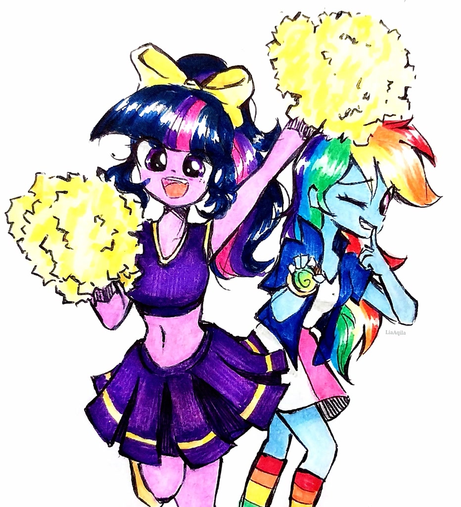 [belly,belly button,cheerleader,clothes,commission,duo,equestria girls,female,g4,hypnosis,midriff,open mouth,pom pom,rainbow dash,rainbow socks,safe,simple background,skirt,socks,twilight sparkle,white background,cheerleading,striped socks,thin,slim,cheerleader outfit,artist:liaaqila]