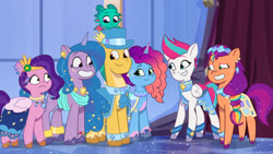 Size: 3072x1727 | Tagged: safe, screencap, hitch trailblazer, izzy moonbow, misty brightdawn, pipp petals, sparky sparkeroni, sunny starscout, zipp storm, dragon, earth pony, pegasus, pony, unicorn, crystal ball (episode), g5, my little pony: tell your tale, spoiler:g5, spoiler:my little pony: tell your tale, spoiler:tyts01e68, baby, baby dragon, clothes, dress, female, frown, grin, male, mane five, mane six (g5), mare, papa hitch, rebirth misty, royal sisters (g5), siblings, sisters, smiling, stallion