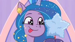 Size: 3072x1727 | Tagged: safe, screencap, izzy moonbow, pony, unicorn, crystal ball (episode), g5, my little pony: tell your tale, spoiler:g5, spoiler:my little pony: tell your tale, spoiler:tyts01e68, :p, cotton candy, cute, female, izzybetes, mare, solo, starry eyes, tongue out, wingding eyes