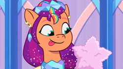 Size: 3072x1727 | Tagged: safe, screencap, sunny starscout, earth pony, pony, crystal ball (episode), g5, my little pony: tell your tale, spoiler:g5, spoiler:my little pony: tell your tale, spoiler:tyts01e68, :p, clothes, cotton candy, dress, female, mare, solo, tongue out