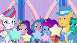 Size: 3072x1727 | Tagged: safe, screencap, hitch trailblazer, izzy moonbow, misty brightdawn, pipp petals, sparky sparkeroni, zipp storm, dragon, earth pony, pegasus, pony, unicorn, crystal ball (episode), g5, my little pony: tell your tale, spoiler:g5, spoiler:my little pony: tell your tale, spoiler:tyts01e68, baby, baby dragon, cotton candy, eyebrows, female, frown, male, mare, papa hitch, raised eyebrow, rebirth misty, royal sisters (g5), siblings, sisters, stallion