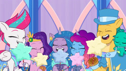 Size: 3072x1727 | Tagged: safe, screencap, hitch trailblazer, izzy moonbow, misty brightdawn, pipp petals, sparky sparkeroni, zipp storm, dragon, earth pony, pegasus, pony, unicorn, crystal ball (episode), g5, my little pony: tell your tale, spoiler:g5, spoiler:my little pony: tell your tale, spoiler:tyts01e68, adorapipp, adorazipp, baby, baby dragon, cotton candy, cute, eating, eyes closed, female, frown, hat, hitchbetes, izzybetes, jabot, male, mare, mistybetes, open mouth, open smile, papa hitch, rebirth misty, royal sisters (g5), siblings, sisters, smiling, stallion, top hat