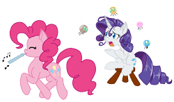 Size: 987x580 | Tagged: safe, artist:dstears, edit, pinkie pie, rarity, earth pony, parasprite, pony, unicorn, g4, swarm of the century, colored, duo, duo female, eyes closed, female, flute, mare, music notes, musical instrument, scene interpretation, simple background, stool, stray strand, transparent background