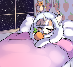 Size: 2560x2372 | Tagged: safe, artist:arwencuack, oc, oc:carrot cake, pony, unicorn, art trade, bed, carrot, cat clock, clock, cute, food, high res, pillow, sleeping, snow, solo, window, 🥕