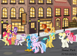 Size: 6115x4443 | Tagged: safe, artist:creedyboy124, apple bloom, caramel, citrine spark, gallus, scootaloo, silverstream, starlight glimmer, stellar flare, summer breeze, sunset shimmer, sweetie belle, windy, earth pony, griffon, hippogriff, pegasus, pony, unicorn, g4, g5, absurd resolution, city, cutie mark crusaders, female, filly, foal, friendship student, g5 to g4, generation leap, hanging out, male, mare, night, stallion, street, town