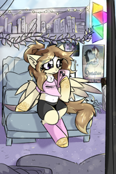 Size: 2000x3000 | Tagged: safe, artist:jubyskylines, oc, oc only, oc:honey bun, pegasus, pony, bed, belly button, cellphone, chest fluff, clothes, countershading, eye clipping through hair, high res, leg warmers, midriff, phone, shirt, sitting on bed, smartphone, solo, spread wings, wings
