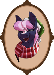 Size: 3015x4139 | Tagged: safe, artist:parrpitched, oc, oc only, oc:nurse lavender blossom, bat pony, bust, christmas, clothes, hat, holiday, latex, portrait, prisoners of the moon, rubber, santa hat, scarf, simple background, solo, striped scarf, transparent background
