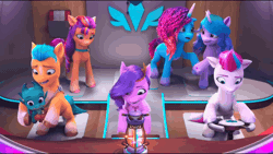 Size: 1280x720 | Tagged: safe, edit, edited screencap, screencap, hitch trailblazer, izzy moonbow, misty brightdawn, pipp petals, sparky sparkeroni, sunny starscout, zipp storm, dragon, earth pony, pegasus, pony, unicorn, g5, my little pony: make your mark, my little pony: make your mark chapter 6, the isle of scaly, spoiler:g5, spoiler:my little pony: make your mark, spoiler:my little pony: make your mark chapter 6, spoiler:mymc06e01, aaaaaaaaaa, animated, excited, female, gif, happy, holding hooves, male, mane five, mane six (g5), mare, mixed reactions, rebirth misty, scared, screaming, slow motion, slowed down, stallion, zero gravity